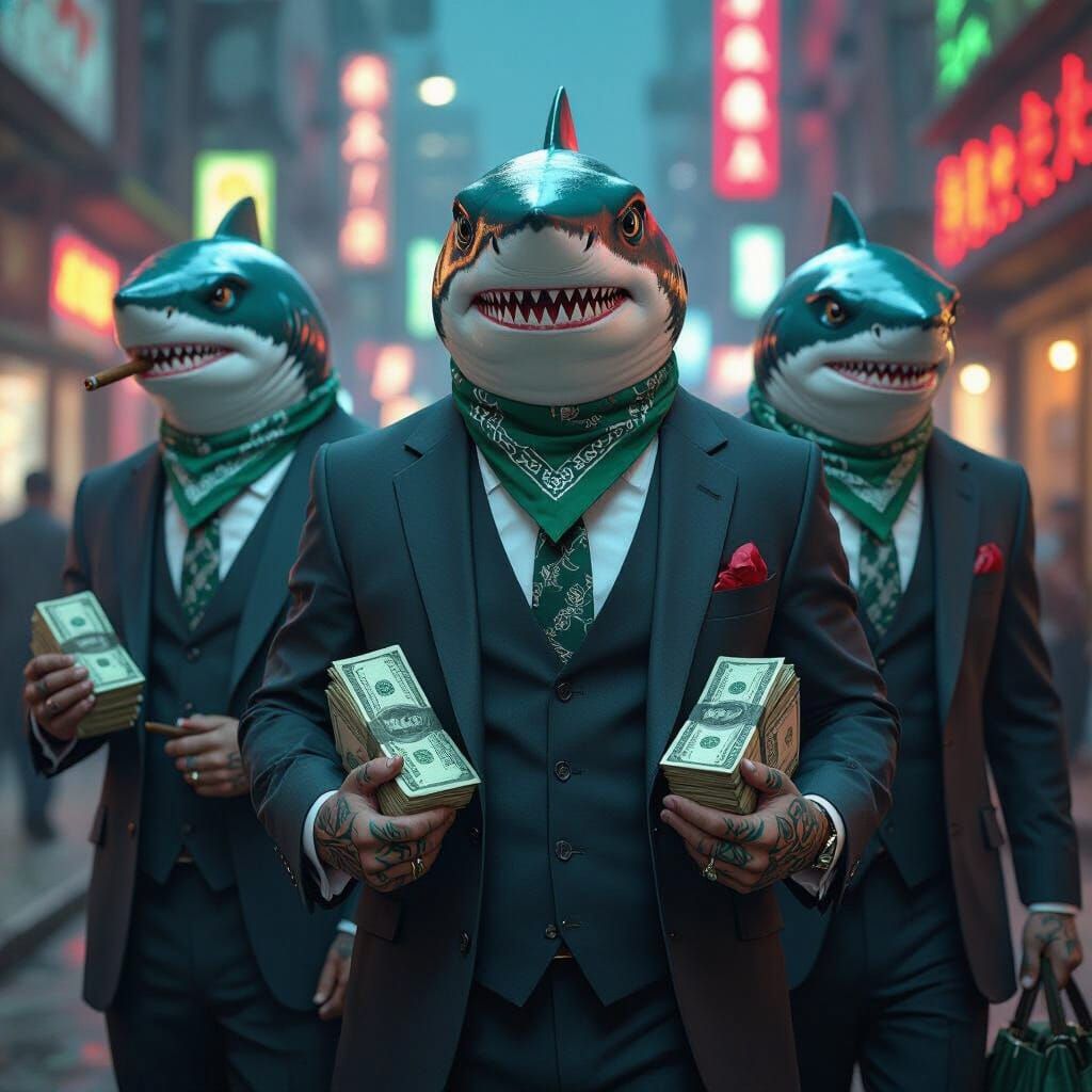 Banker Sharks in Suits with Money Bags, Mafia Aesthetic