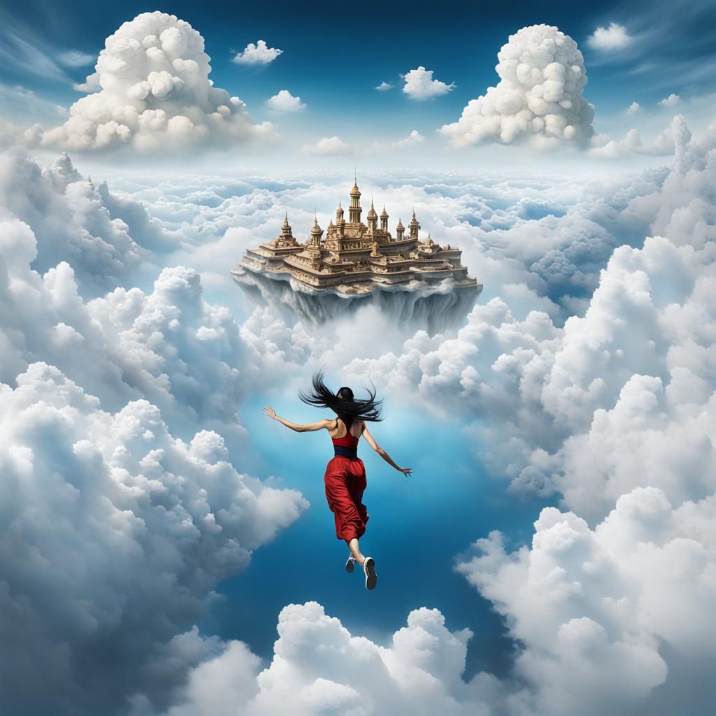 Surreal Upside Down Woman Running on Clouds
