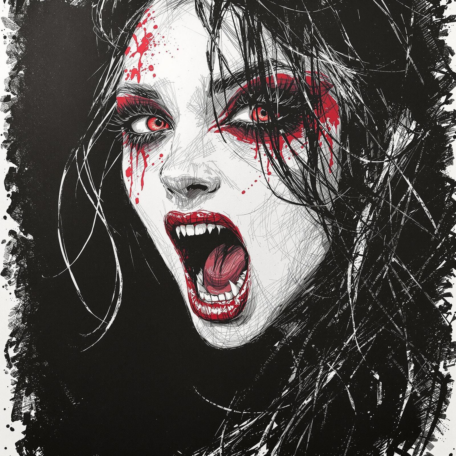 Monochromatic Vampire Sketch in Red and White