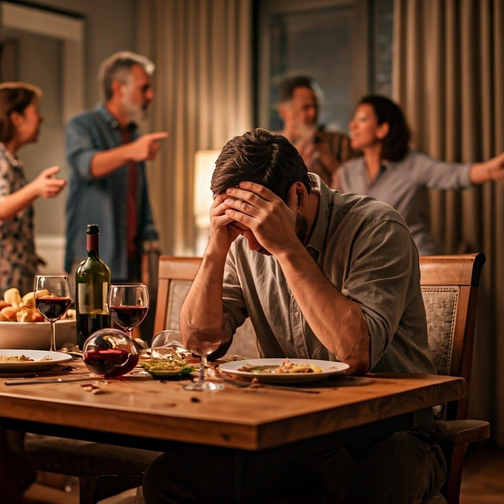 Sorrowful Man Amidst Dinner Gathering Disarray