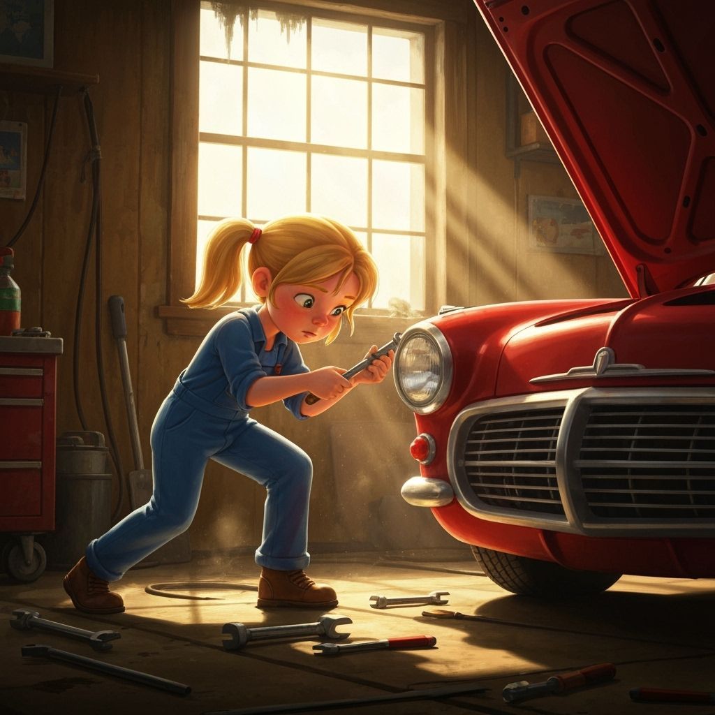 Girl Fixing Classic Car in Garage Digital Art
