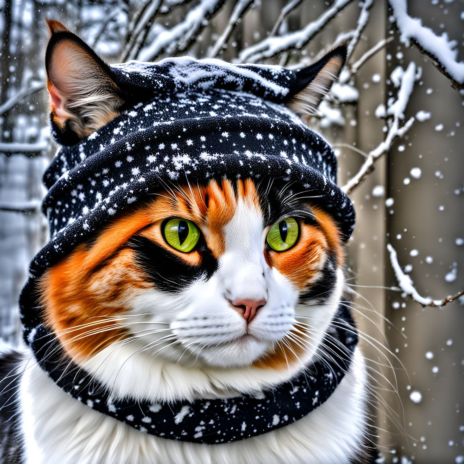 calico cat in winter hat