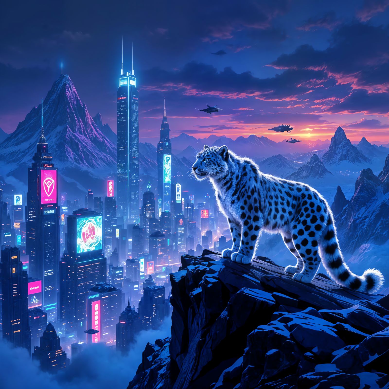 Snow Leopard on Obsidian Peak Above Neon Cyberpunk City