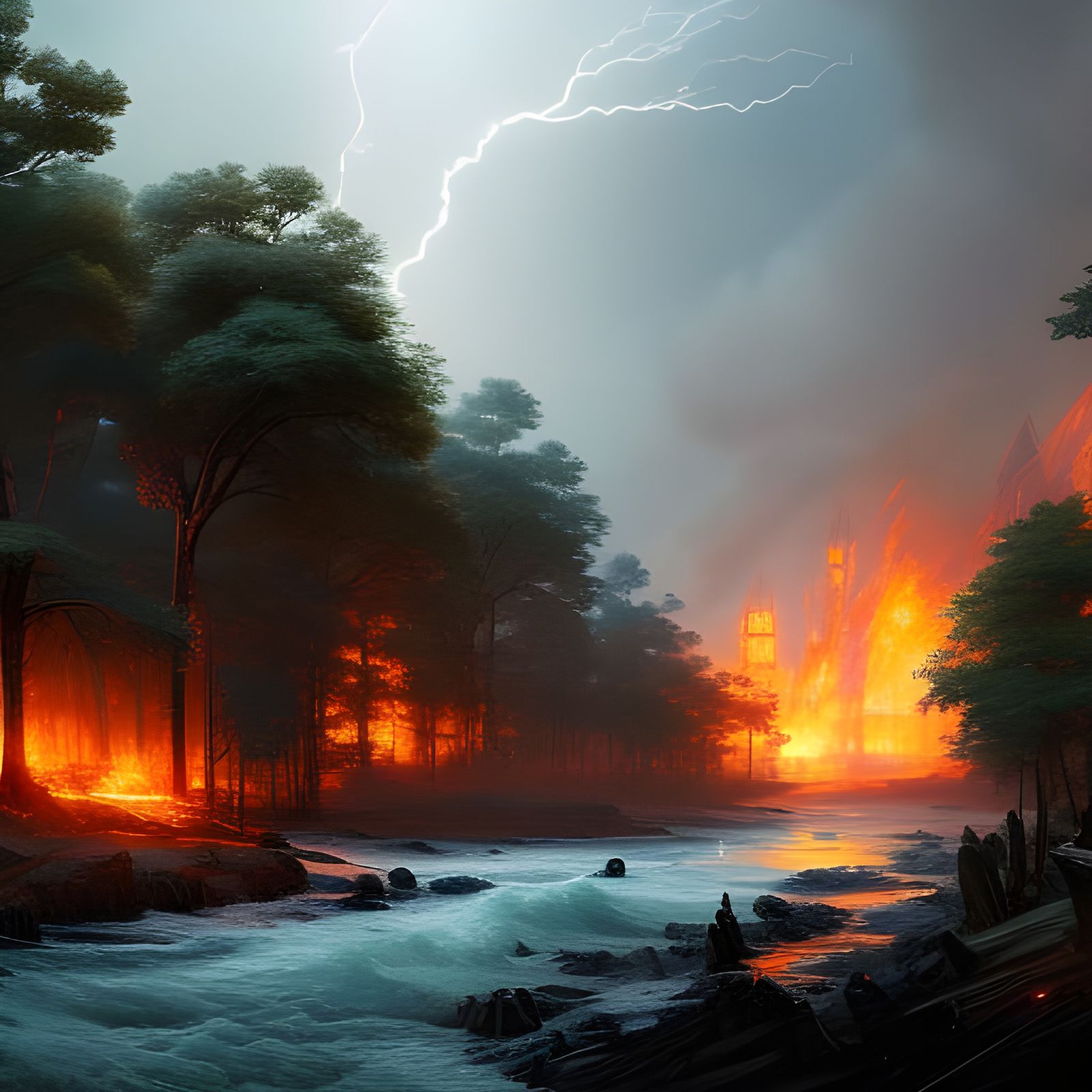 Epic Lightning and Wildfire Digital Painting