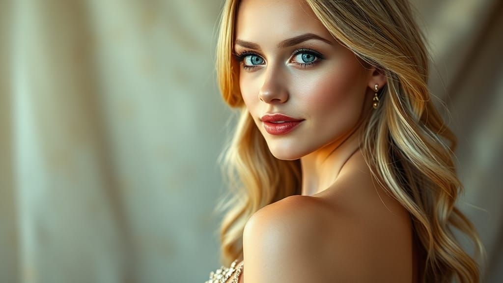 Elegant Woman in Champagne Gown, Hyperrealistic Style
