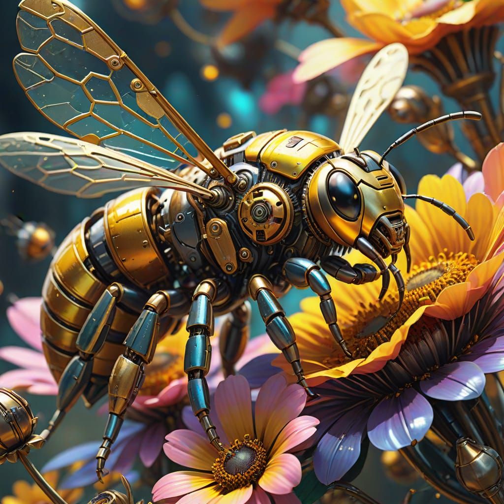 Mechanical Bee Pollinating Flower in Sci-Fi Style