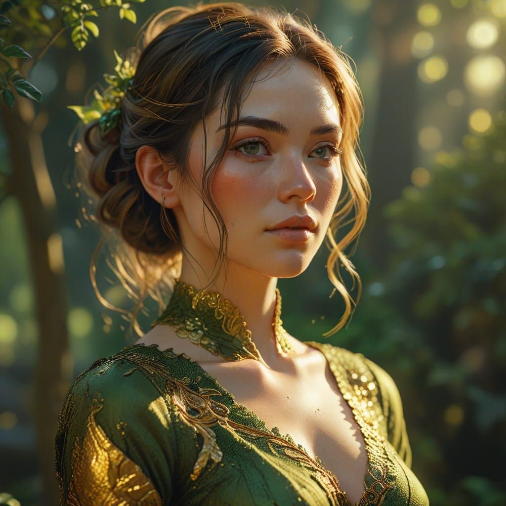 Woman in Green Dress: Vibrant Oil Painting