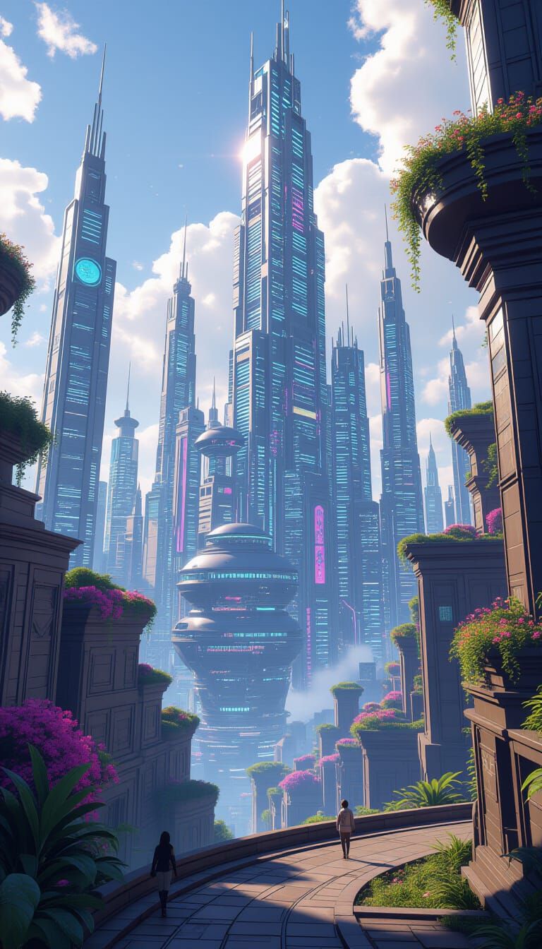 Alien City with Towering Architecture and Bioluminescent Flo...