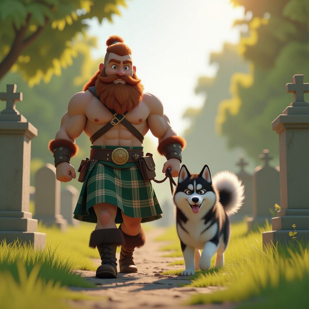 Muscular Kilted Man Walks Husky in Graveyard
