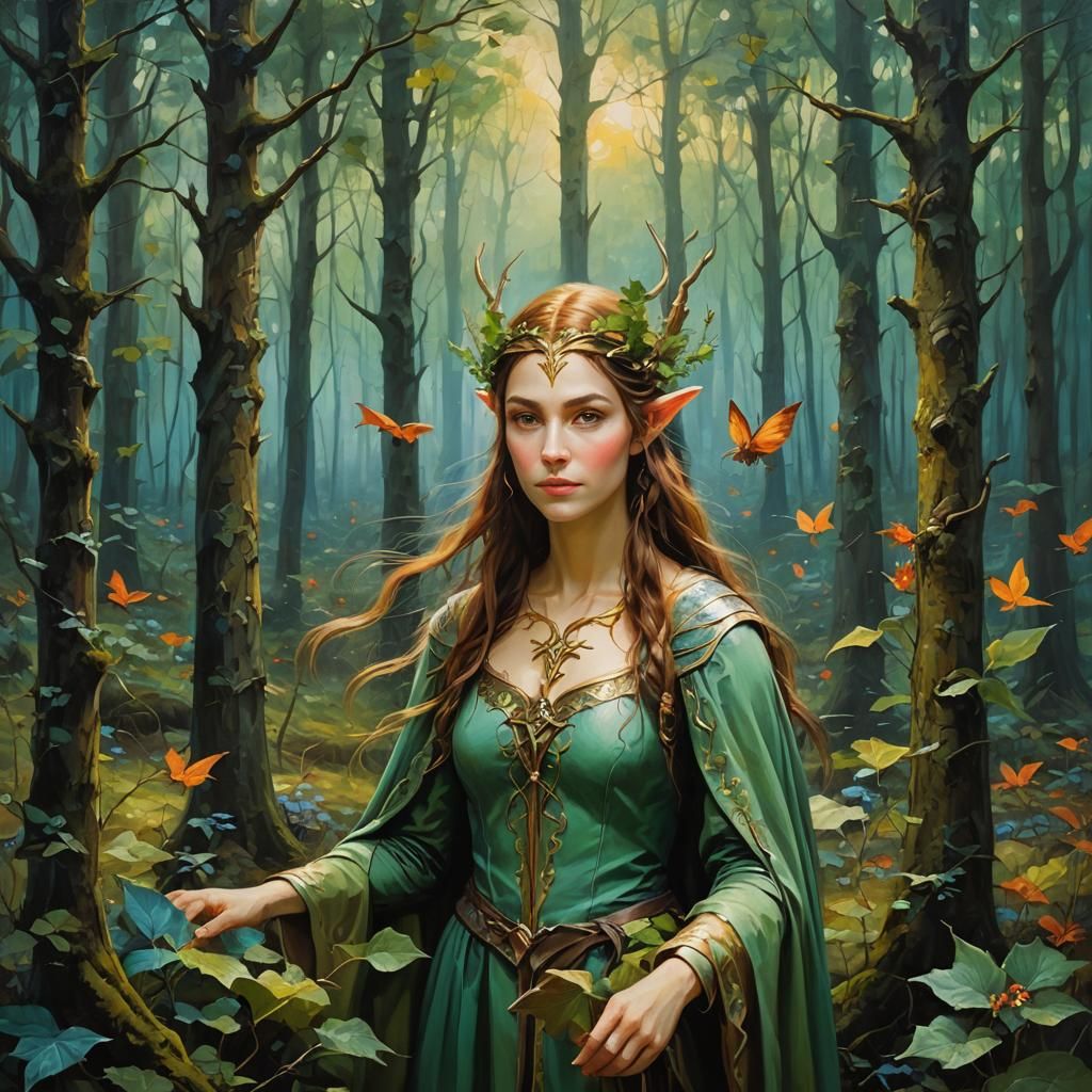 Mystical Elven Woman in Forest, Oil Painting