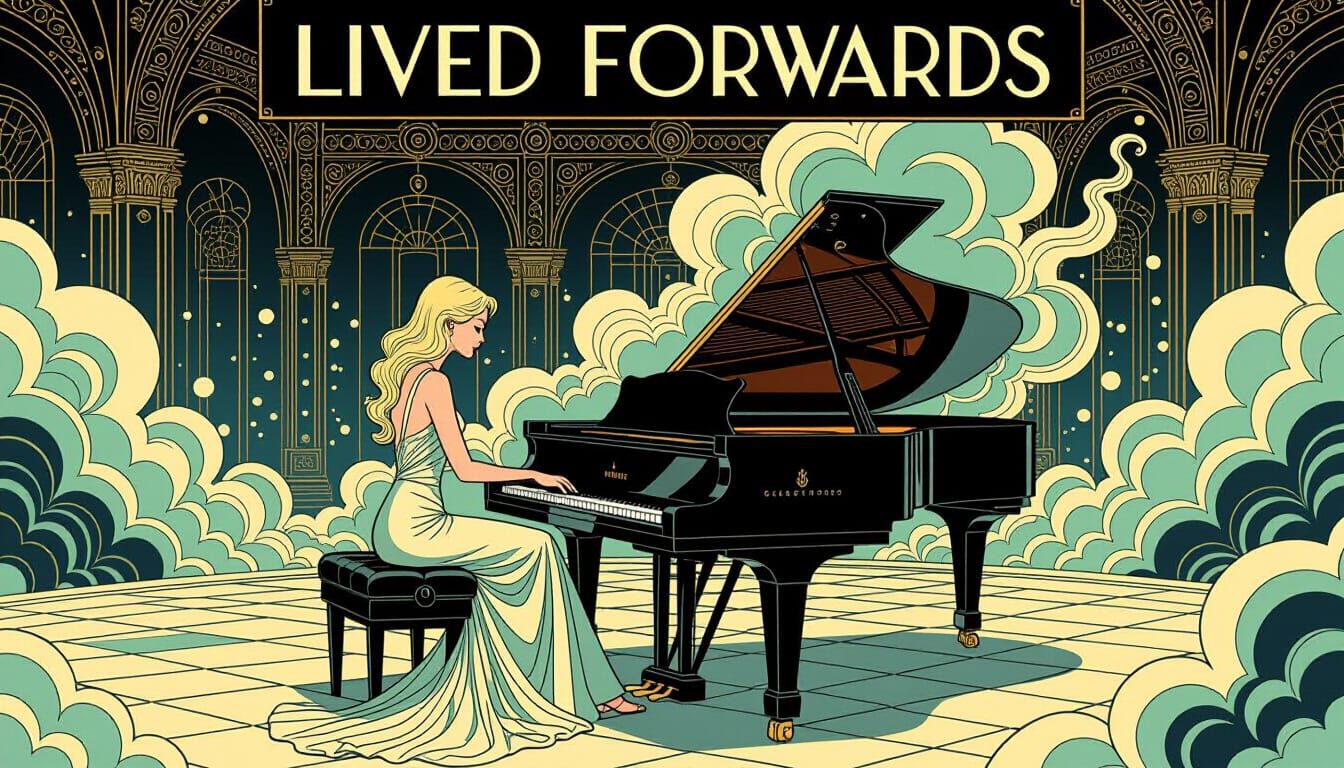 Woman Plays Piano in Surreal Art Deco Ballroom