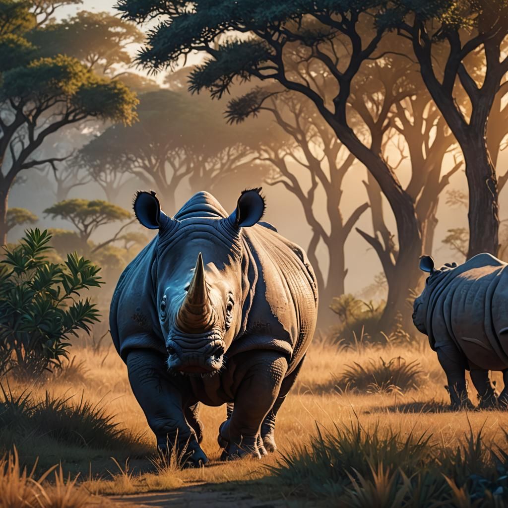 Massive Navy Blue Rhino in Sunrise Savannah