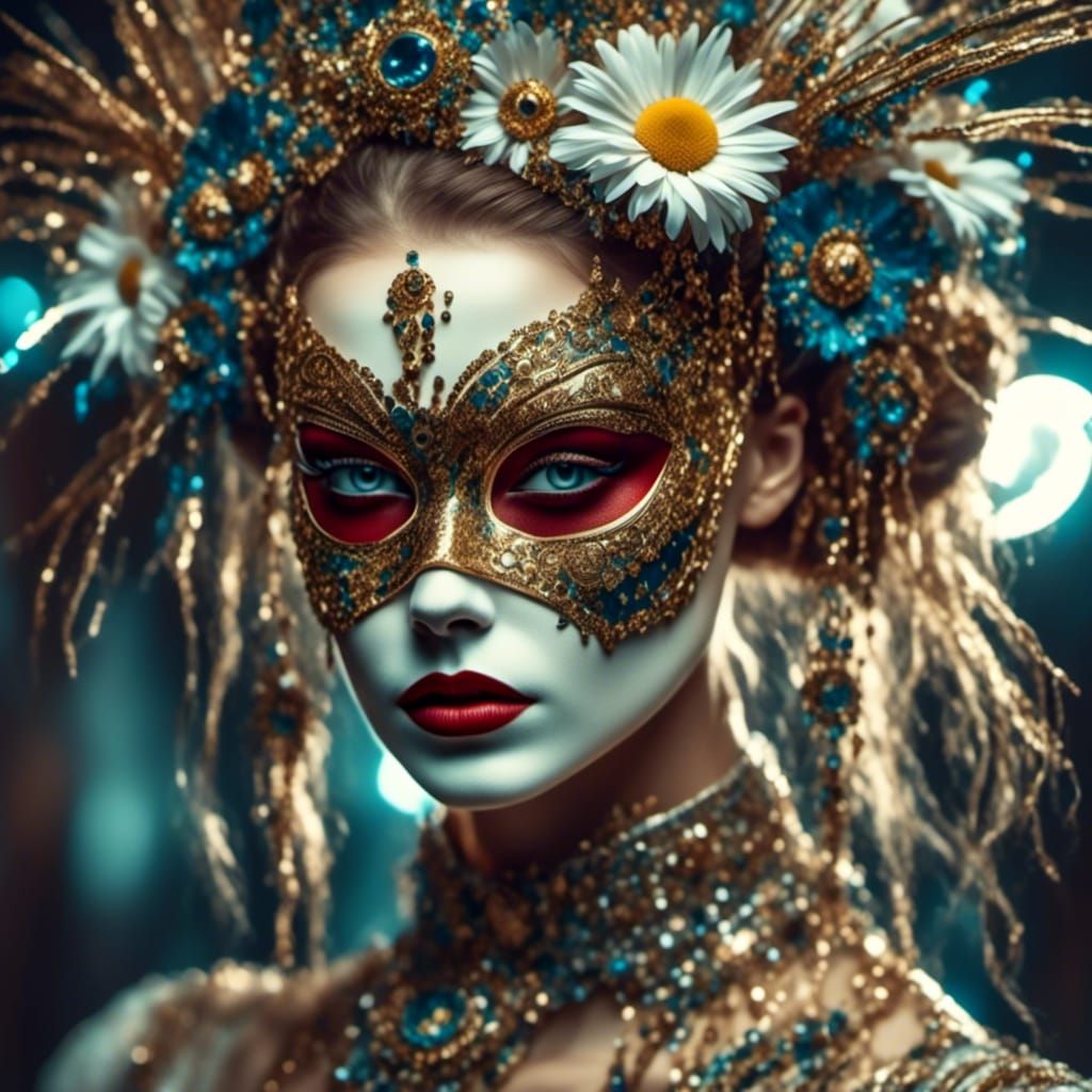 Sad Woman with Daisies in Cyberpunk Voodoo Style