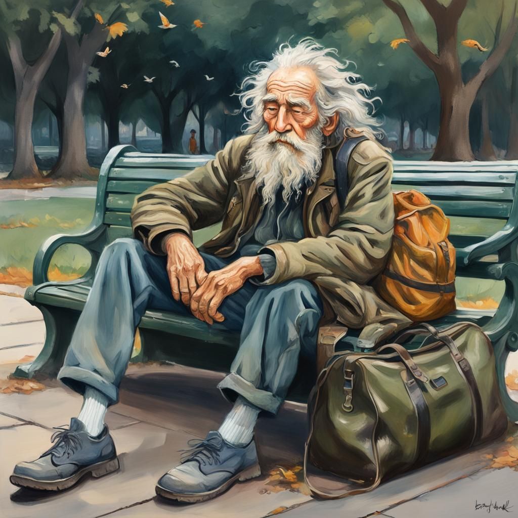 Homeless Man on Park Bench in Boho Oil Paint Style