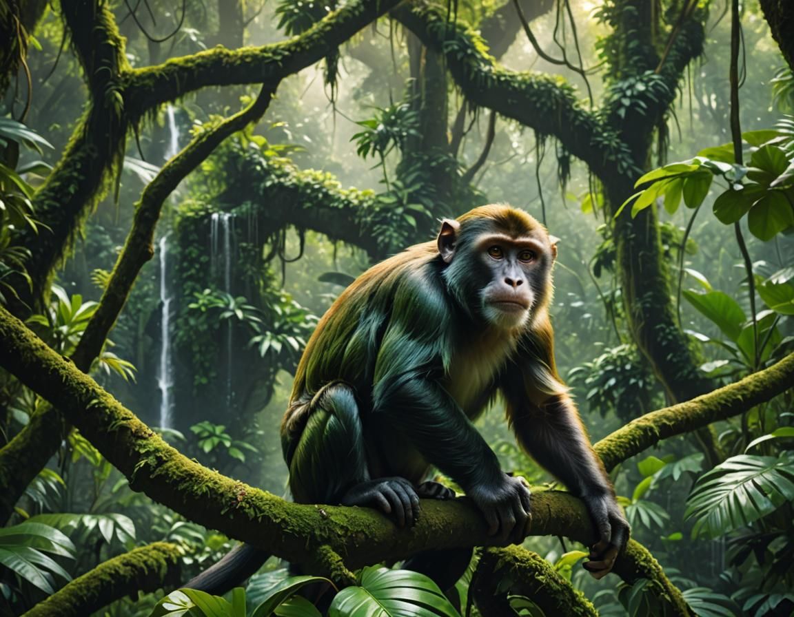 Monkey Portrait in Lush Rainforest, Concept Art