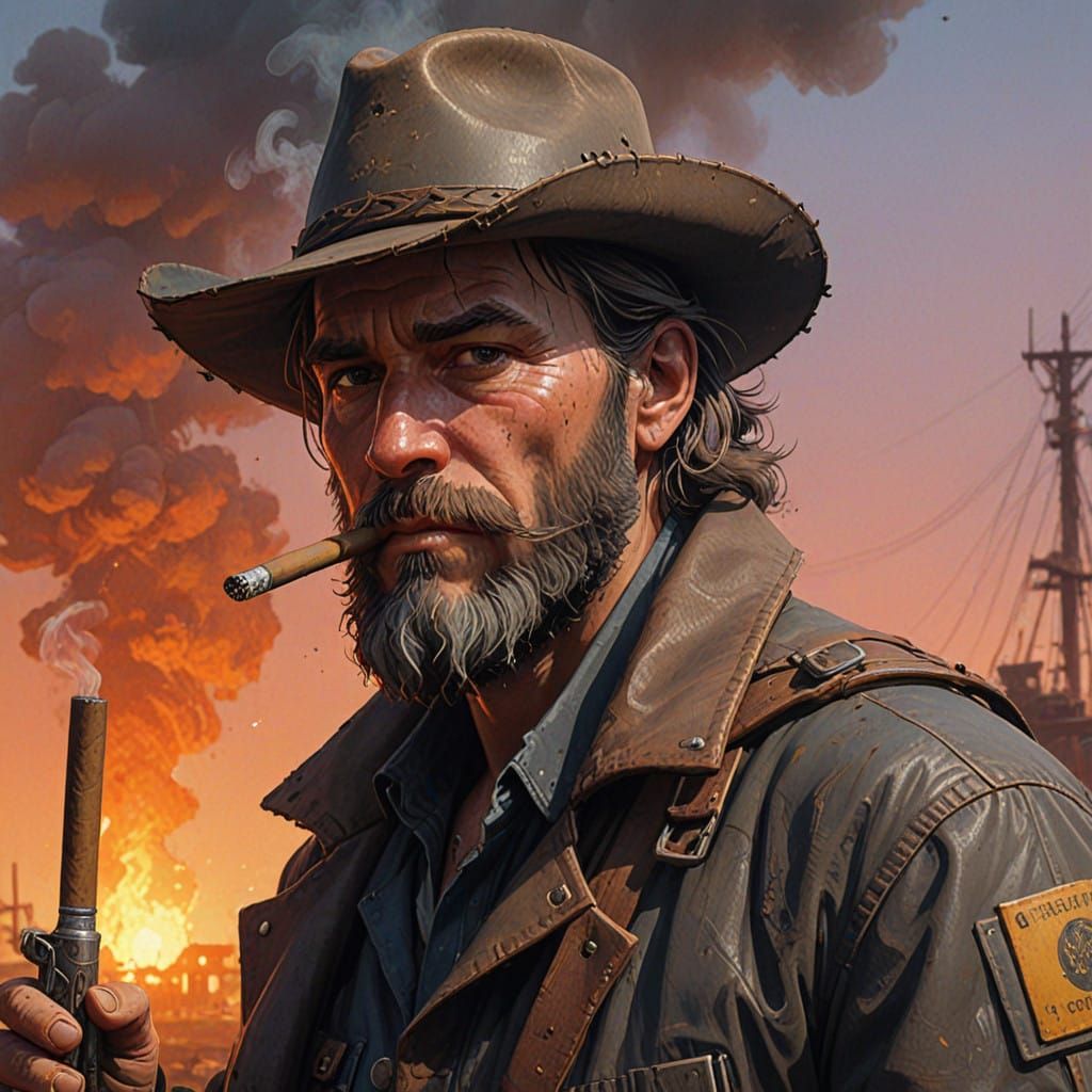 Gritty Digital Cowboy in Sunset Glow