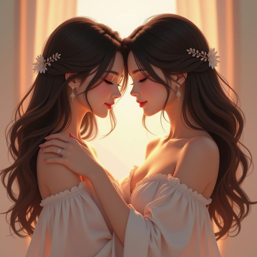 Tender Embrace of Two Women in Ethereal Anime Style