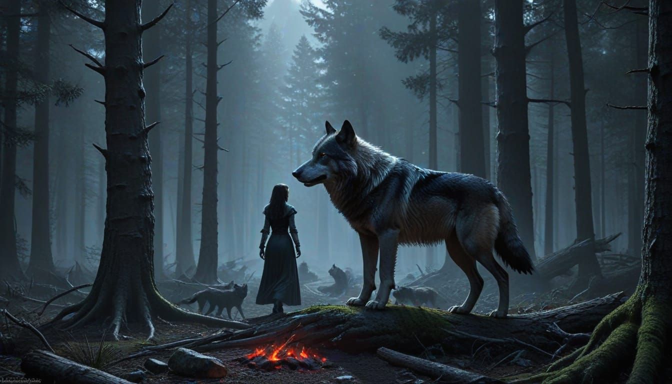 Mystic Woman with Wolves in Sacred Pine Forest