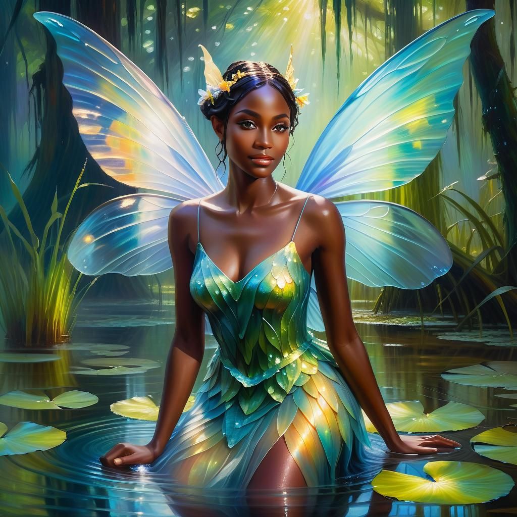 Enchanting Fairy in Impressionistic Swamp Landscape