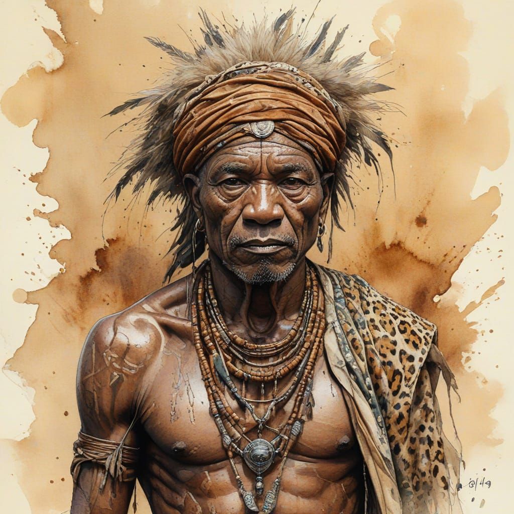 African Warrior in Inked Watercolor Style