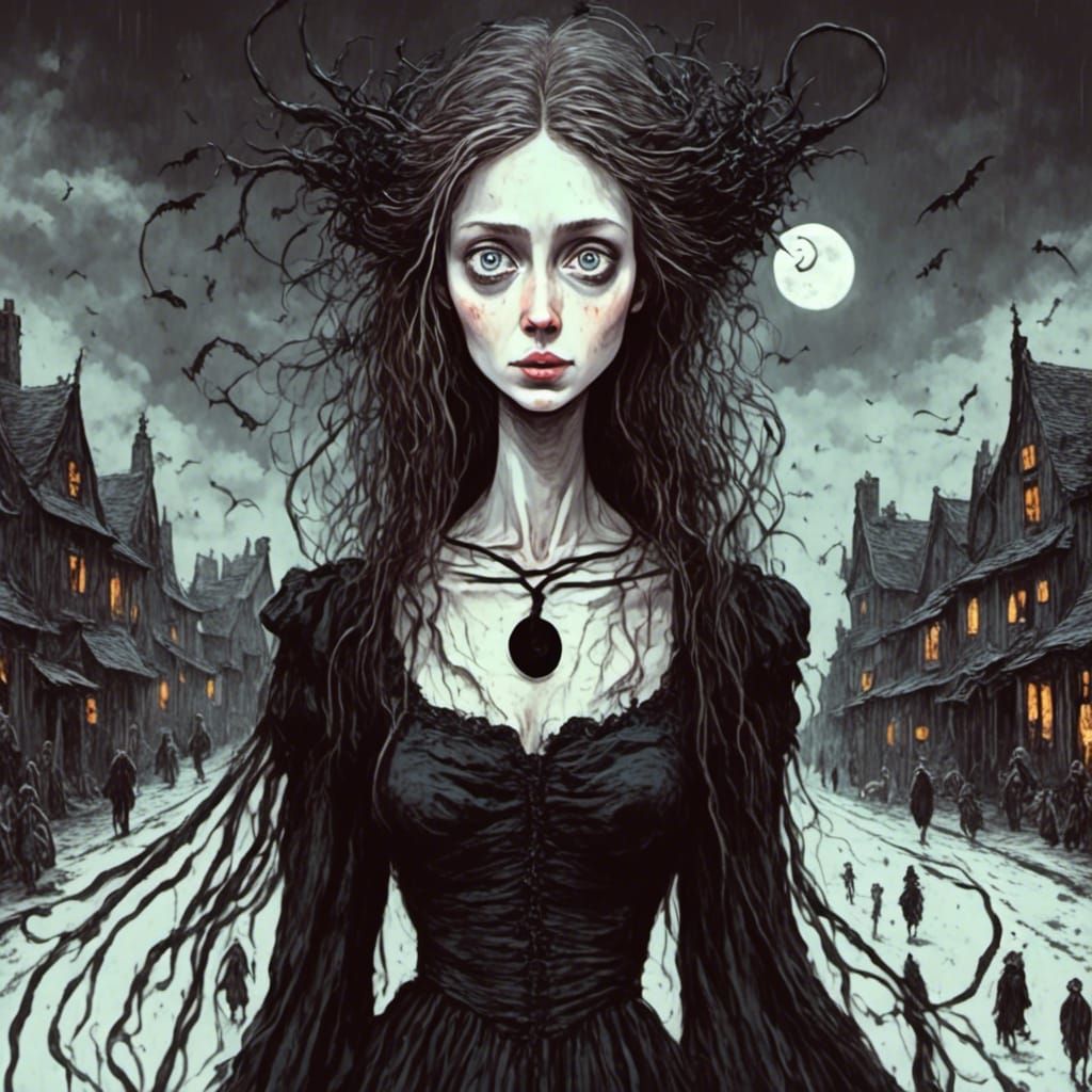 Witch in Black Dress Watched by Villagers