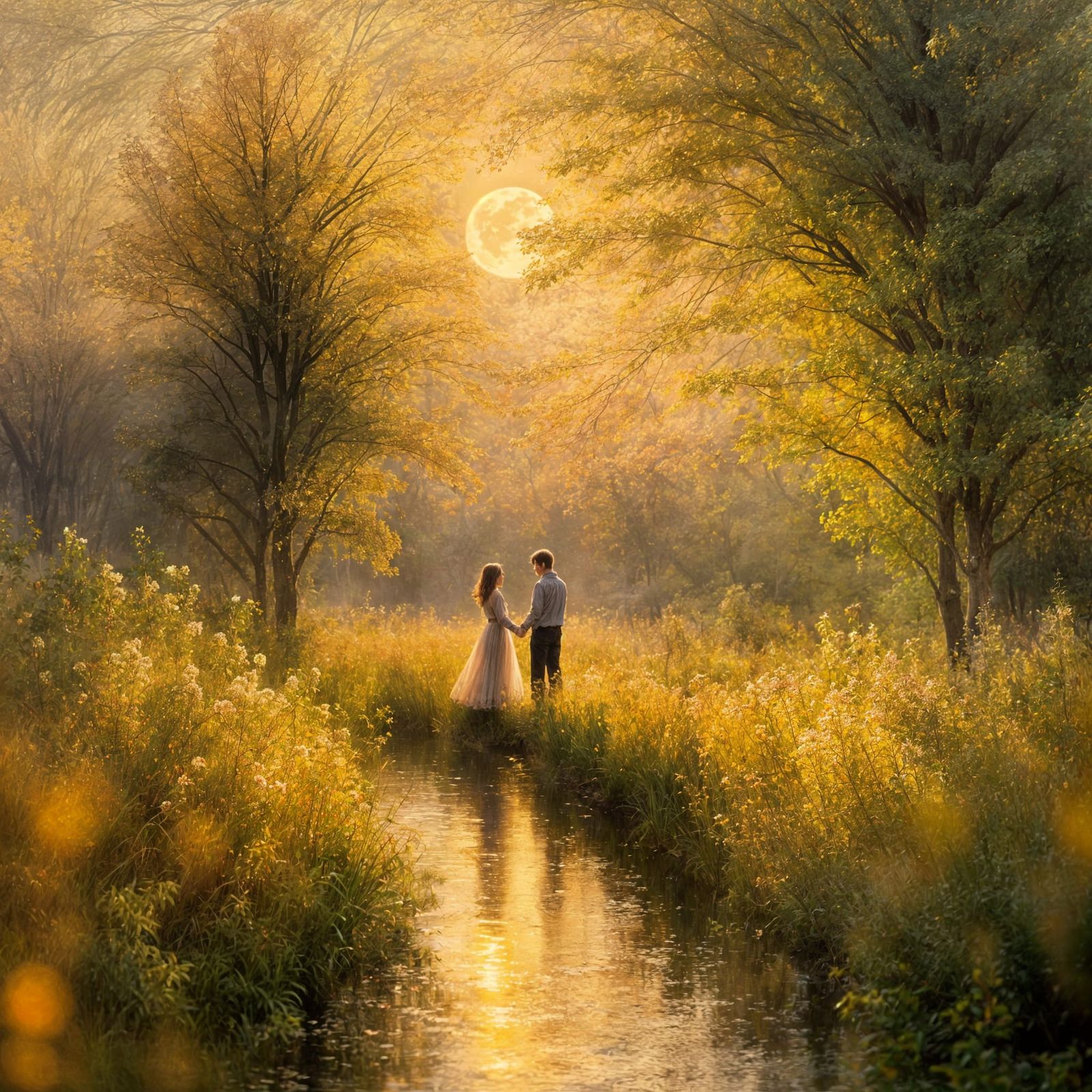 Young Lovers Meet Under Harvest Moon in Impressionistic Styl...