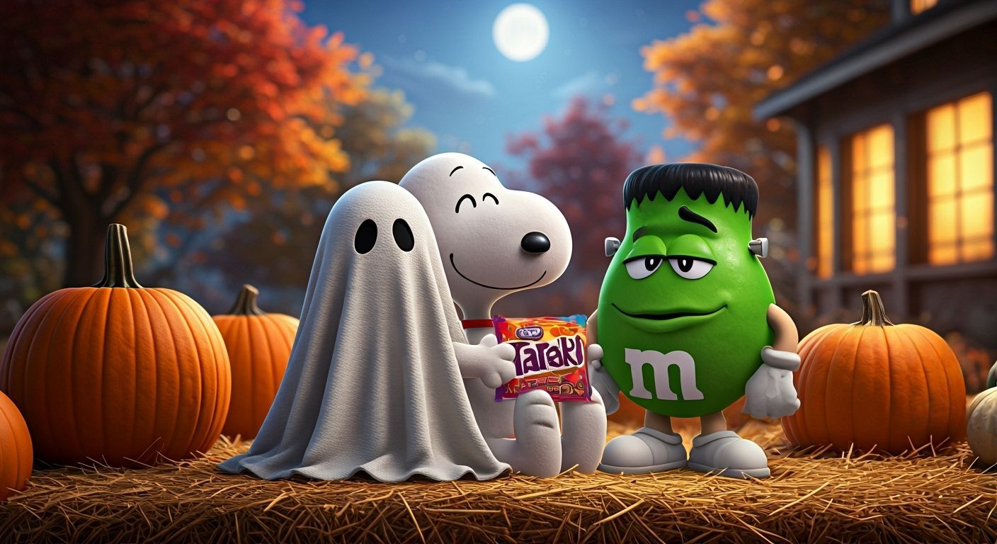 Snoopy and Ghost Embrace in Autumnal Night