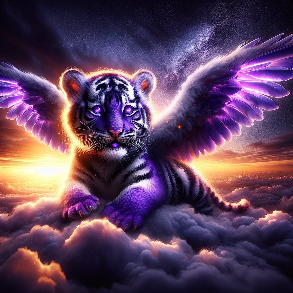Violet Feline Angel Soars Above Fluffy White Clouds