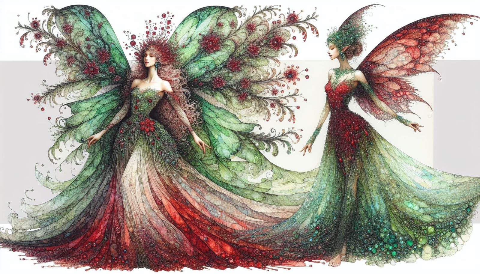 Red and Green Fairies in Maximalist Watercolor