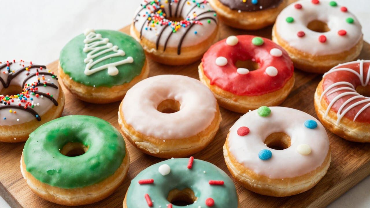 Vibrant Christmas Doughnuts on Wooden Board