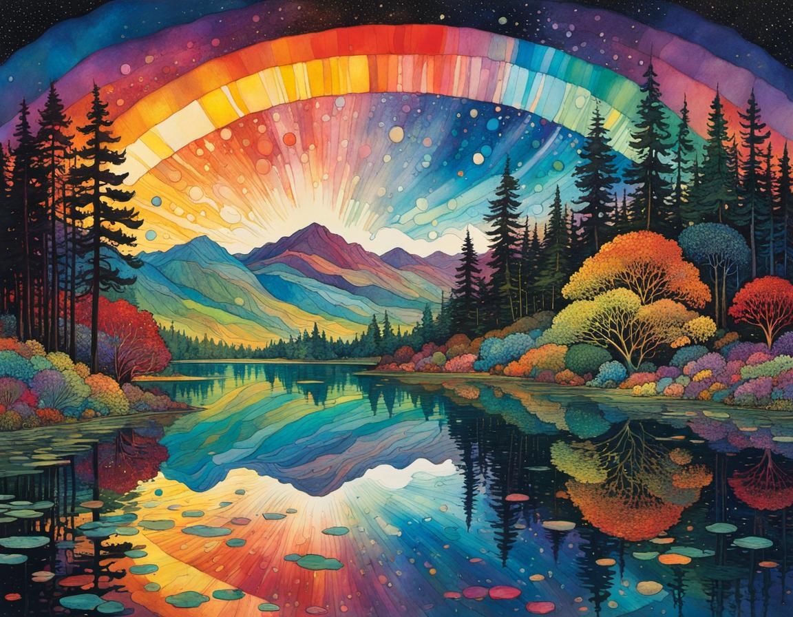 Rainbow Reflected in Lake: Whimsical Alcohol Ink Art