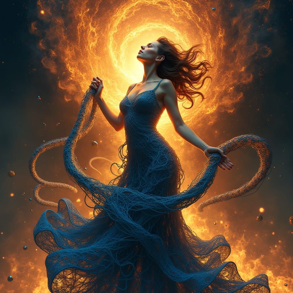 Woman Enveloped by Celestial Ropes in Fiery Background