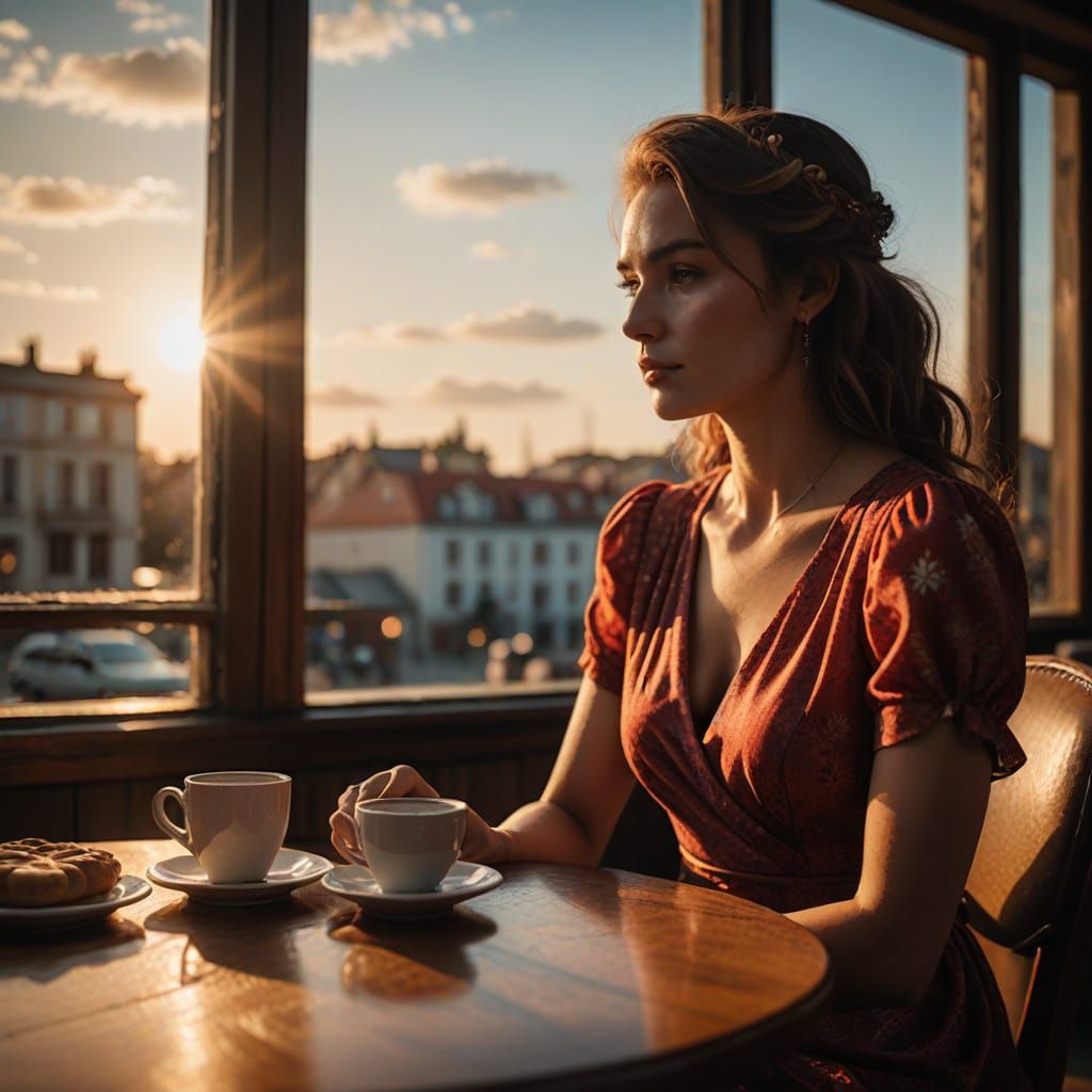 Woman in Red Dress at Seaside Cafe Window