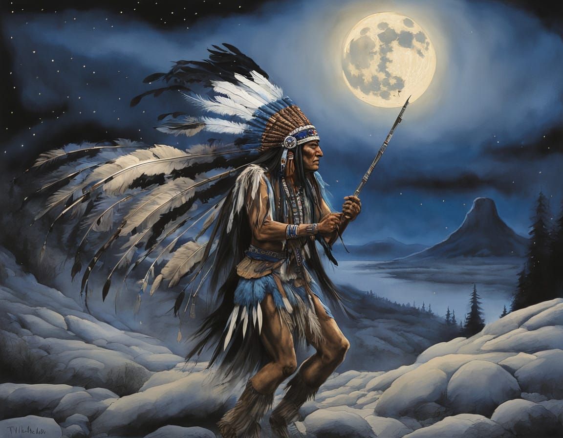 Native American Warrior Performs Ethereal War Dance under Fu...