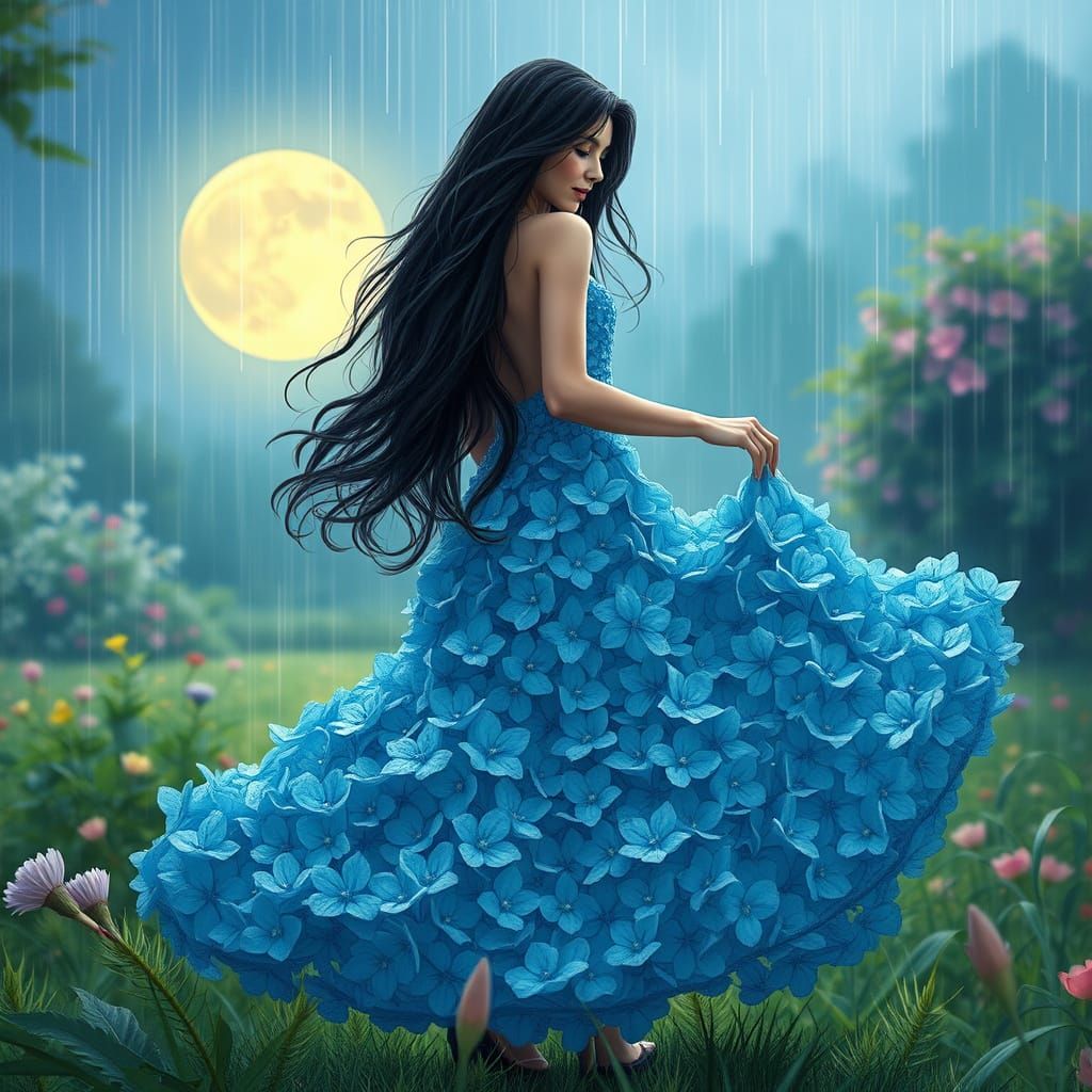 Whimsical Woman Dancing in Rainy Moonlit Garden