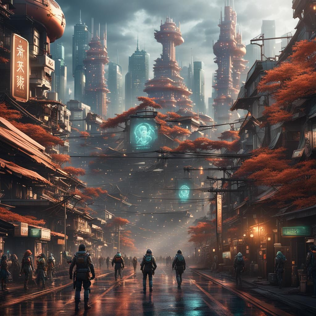 Future Tokyo: Detailed Copper-Accented Matte Painting