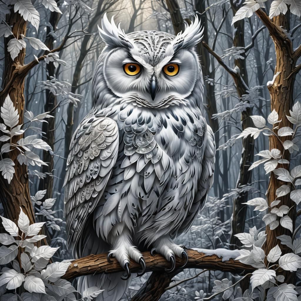 Enchanting Crystal Owl in Forest, Digital Watercolor