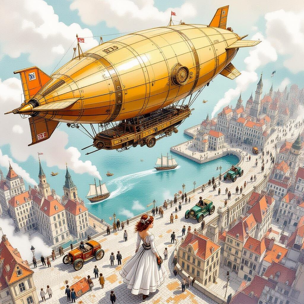 Steampunk Cityscape with Airship and Woman in Watercolor
