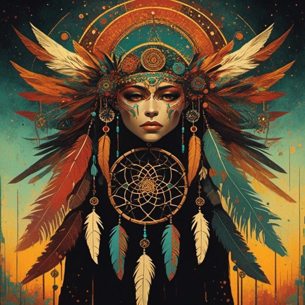 Navajo Skinwalker Behind Dreamcatcher in Pop Style