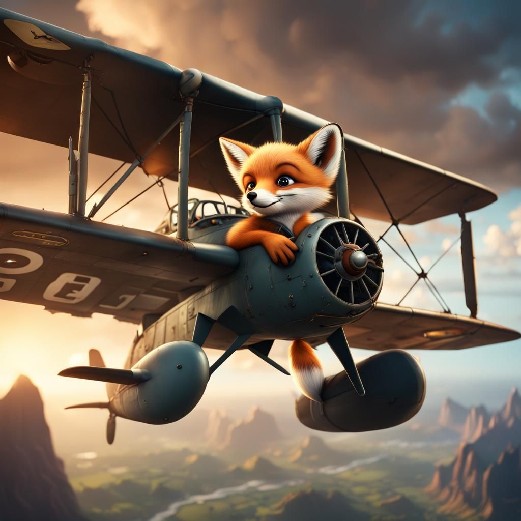 Fox Cub in Bomber Plane: Detailed Matte Painting