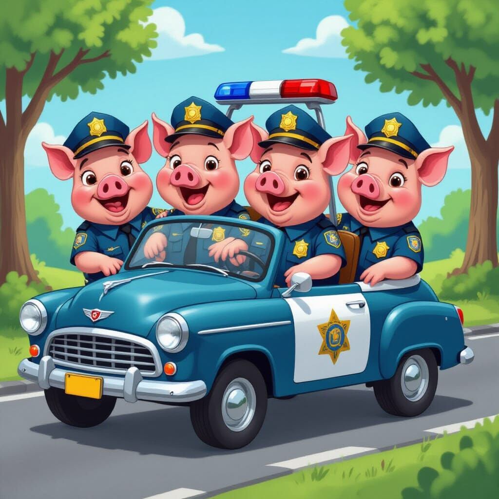 Cartoon Piggies in a Police Car Caricature