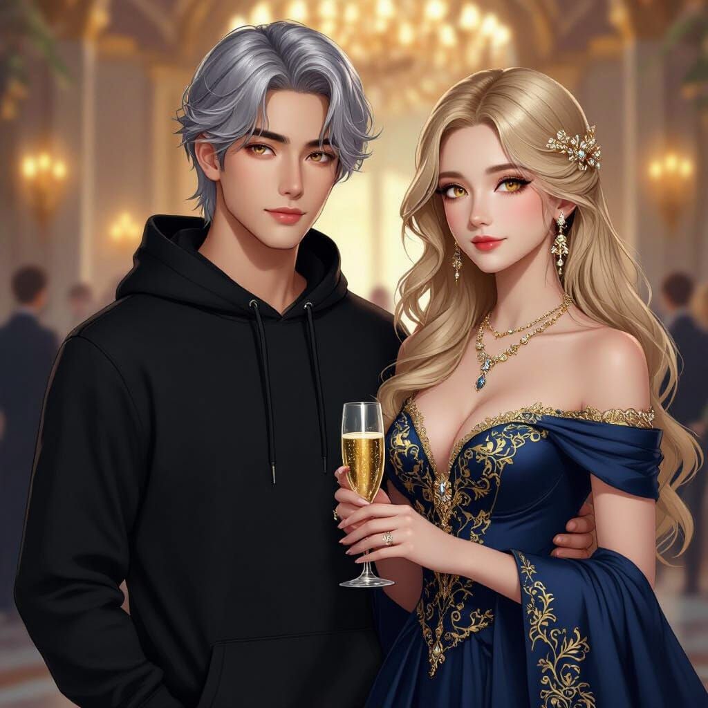 Elegant Couple in Ballroom: Anime-Inspired Art Nouveau Illus...