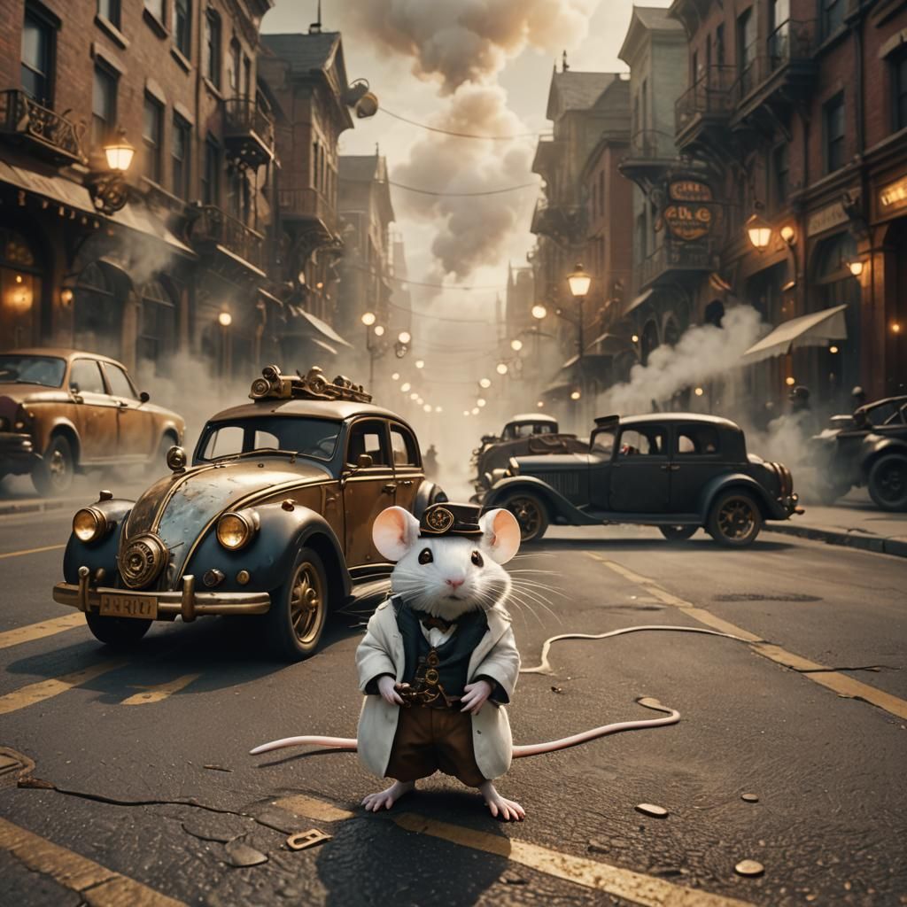 Mouse in Steampunk City: Cinematic Film Still