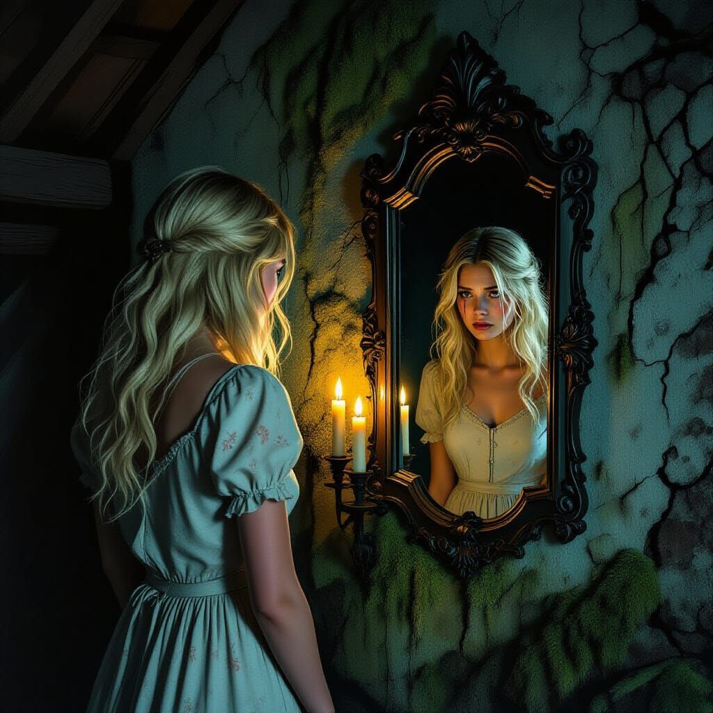 Heartbreak Mirror: Haunting Realism in Dim Cottage