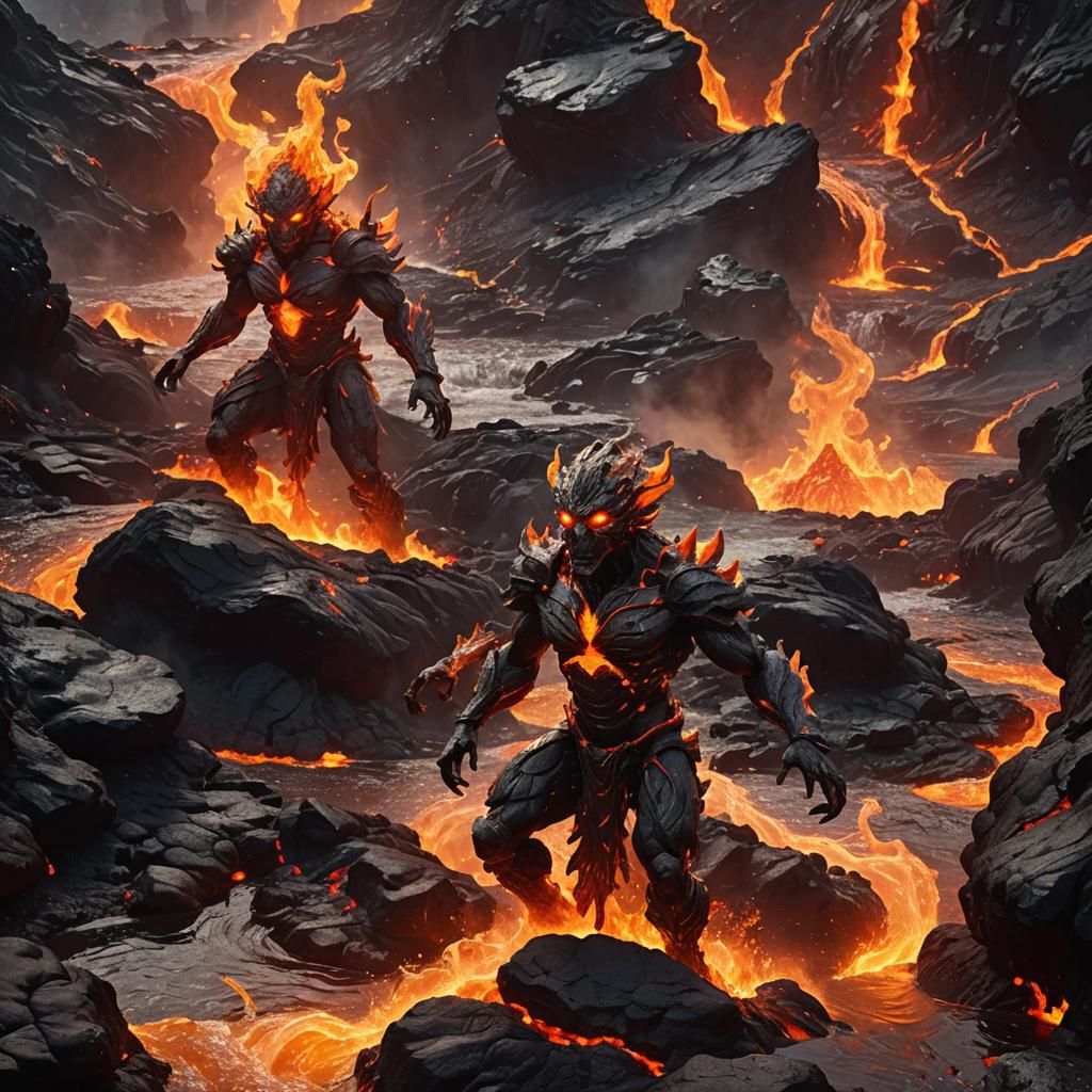 A wide shot of a Cherufe, a mythical beast or warrior crafted from swirling fire, glowing with heat.