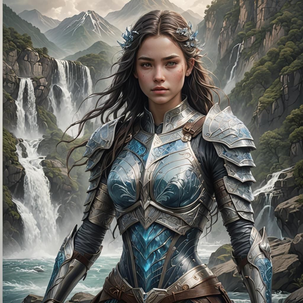 Armored Water Elemental Woman Against Mountain Waterfall