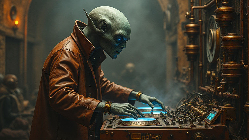 Alien DJ Mixing Steampunk Sound System