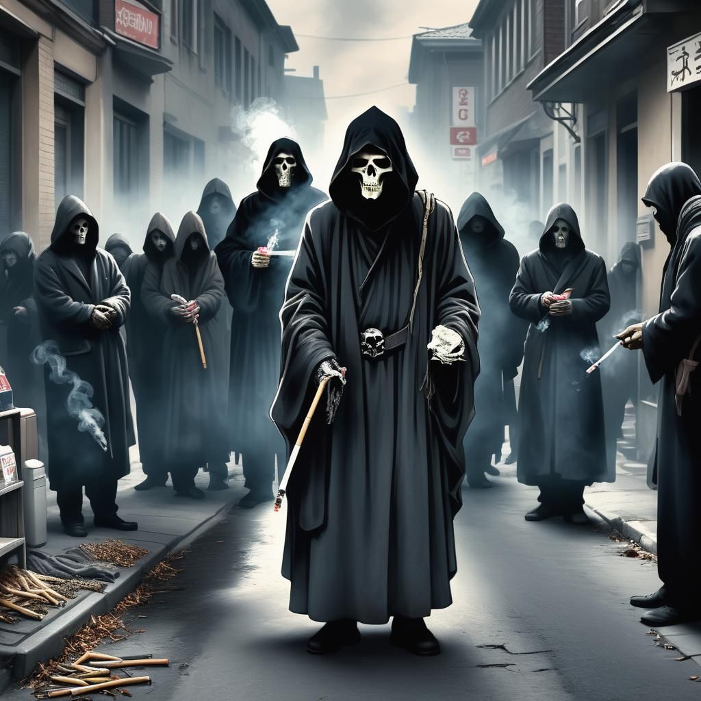 Grim Reaper Waits for Smokers on Cold Street