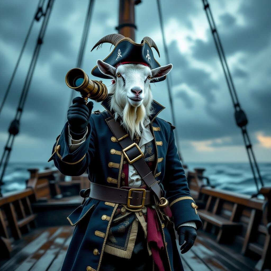 Pirate Goat Captain on Deck in Cinematic Style