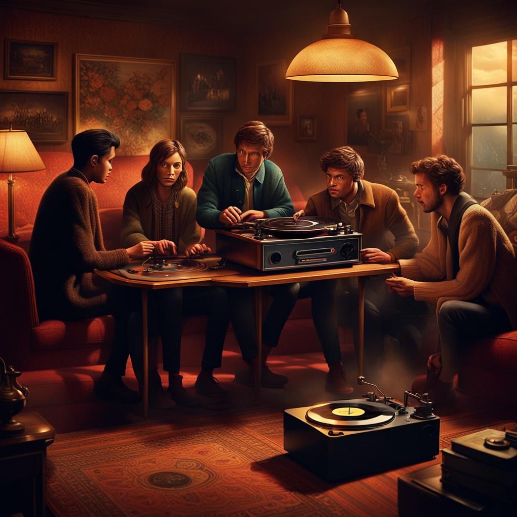Friends Gather Around Vintage Record Player: Digital Matte P...